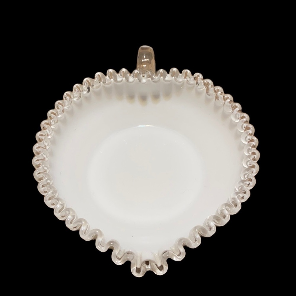 Fenton silver crest milk glass heart shaped nappy/candy dish with handle